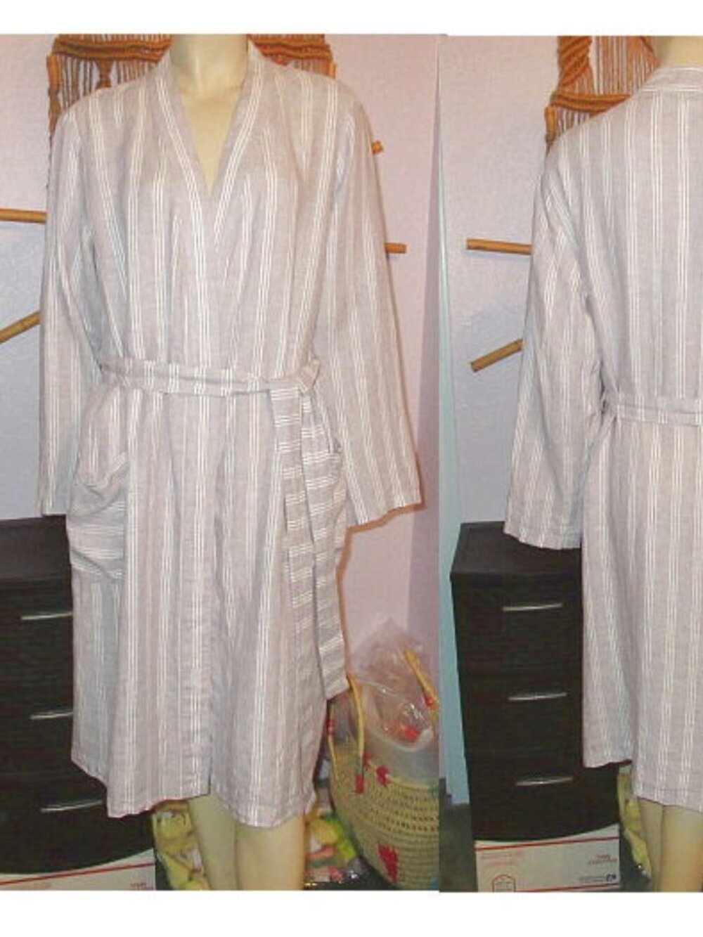Garnet Hill Washed Linen Robe Size M Pockets Relaxed Striped Luxurious NEW